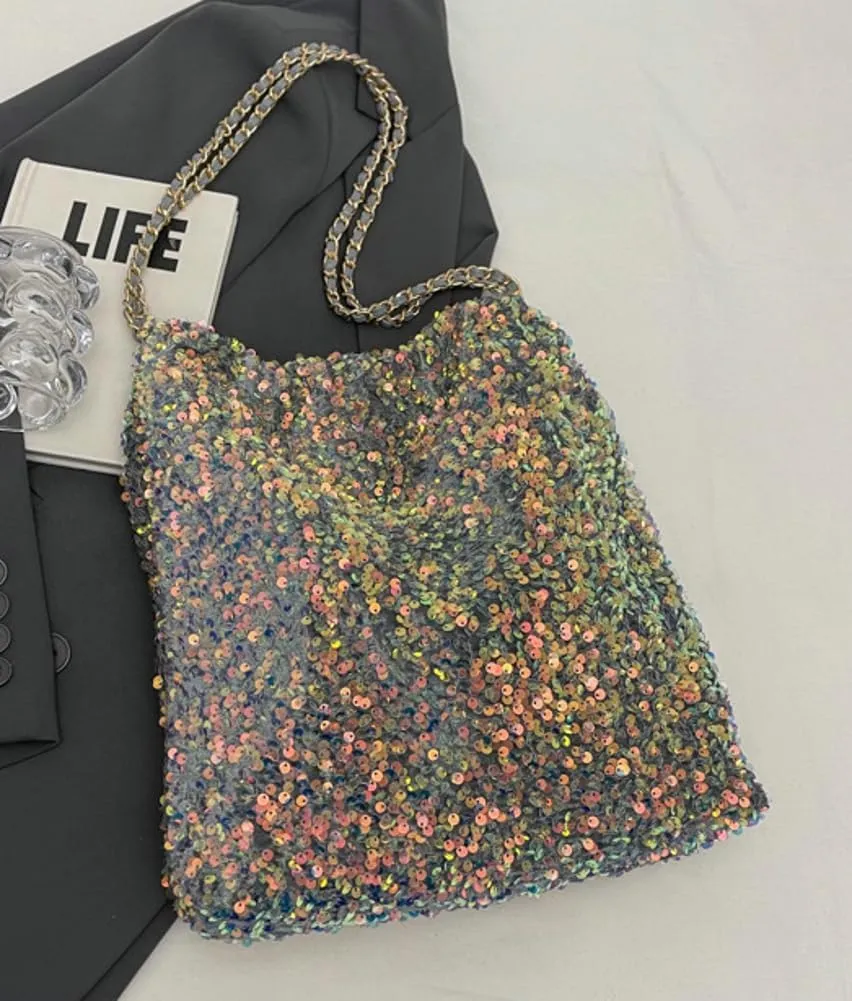Womens Fashion Shoulder Bag Y2k Sparkly Glitter Sequin Purse Large Totes Top Handle Satchel with Chain Party