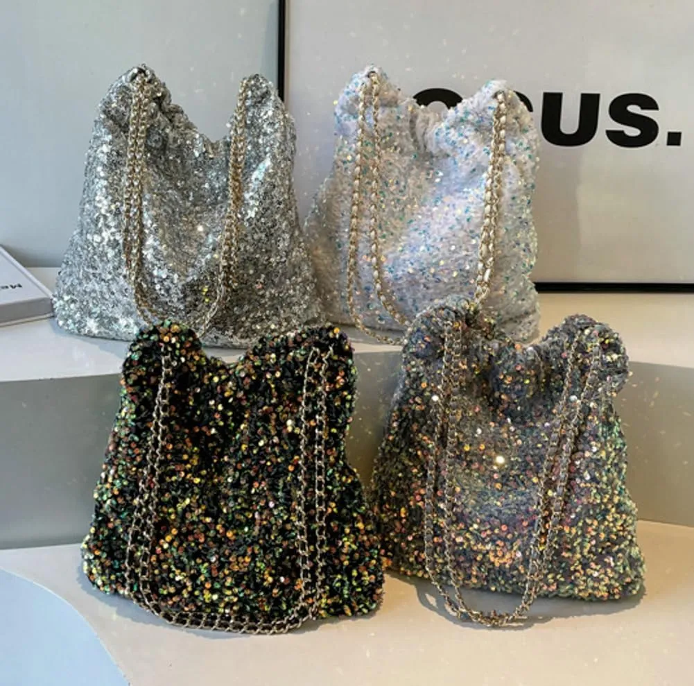 Womens Fashion Shoulder Bag Y2k Sparkly Glitter Sequin Purse Large Totes Top Handle Satchel with Chain Party