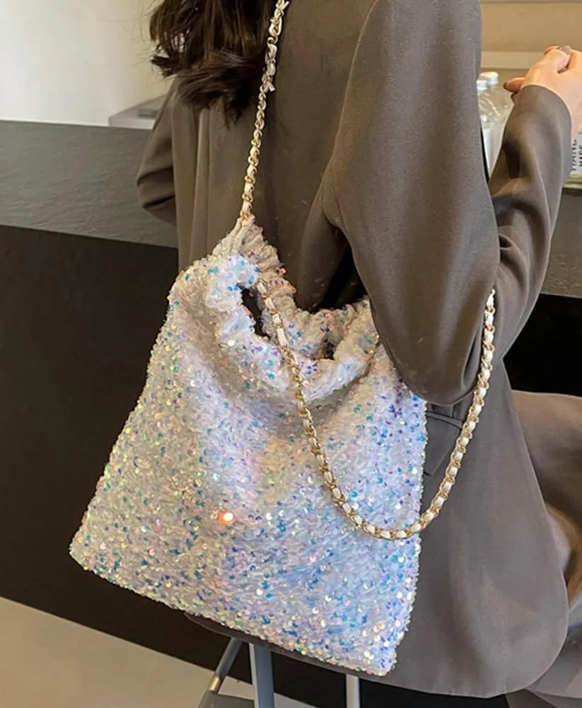 Womens Fashion Shoulder Bag Y2k Sparkly Glitter Sequin Purse Large Totes Top Handle Satchel with Chain Party