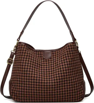 Women's Knitted Shoulder Crossbody Bag Fashion Checkered Handbag Large Totes Casual Work Top Handle Purse