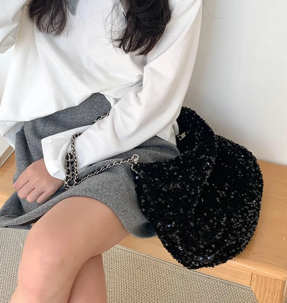 Women's Shiny Shoulder Bag Fashion Crossbody Bag Large Totes Soft Handbag Y2k Purse Top Handle Bag with Chain