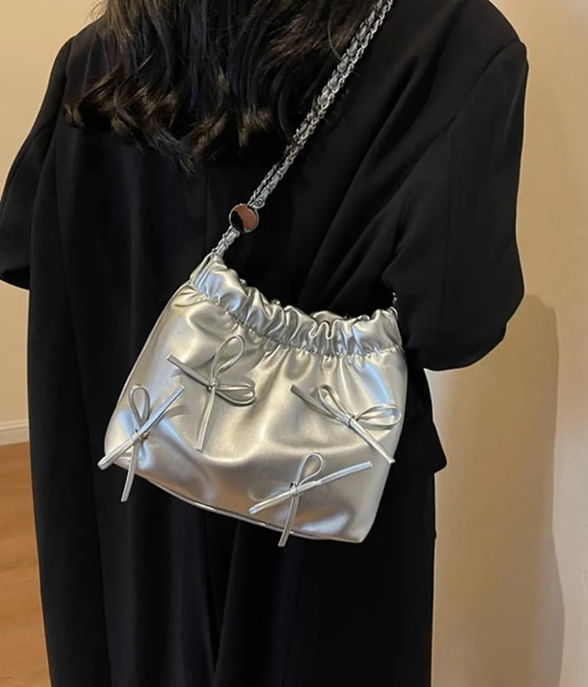 Women's Soft PU Leather Shoulder Bag Y2K Bow Bucket Totes Handbag Fashion Purse Satchel with Chain