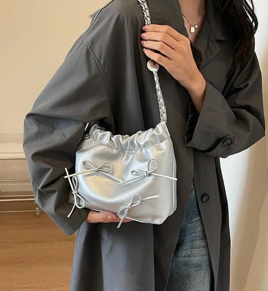 Women's Soft PU Leather Shoulder Bag Y2K Bow Bucket Totes Handbag Fashion Purse Satchel with Chain