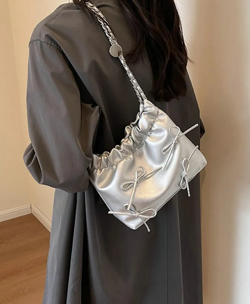 Women's Soft PU Leather Shoulder Bag Y2K Bow Bucket Totes Handbag Fashion Purse Satchel with Chain