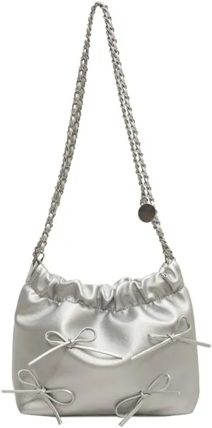 Women's Soft PU Leather Shoulder Bag Y2K Bow Bucket Totes Handbag Fashion Purse Satchel with Chain