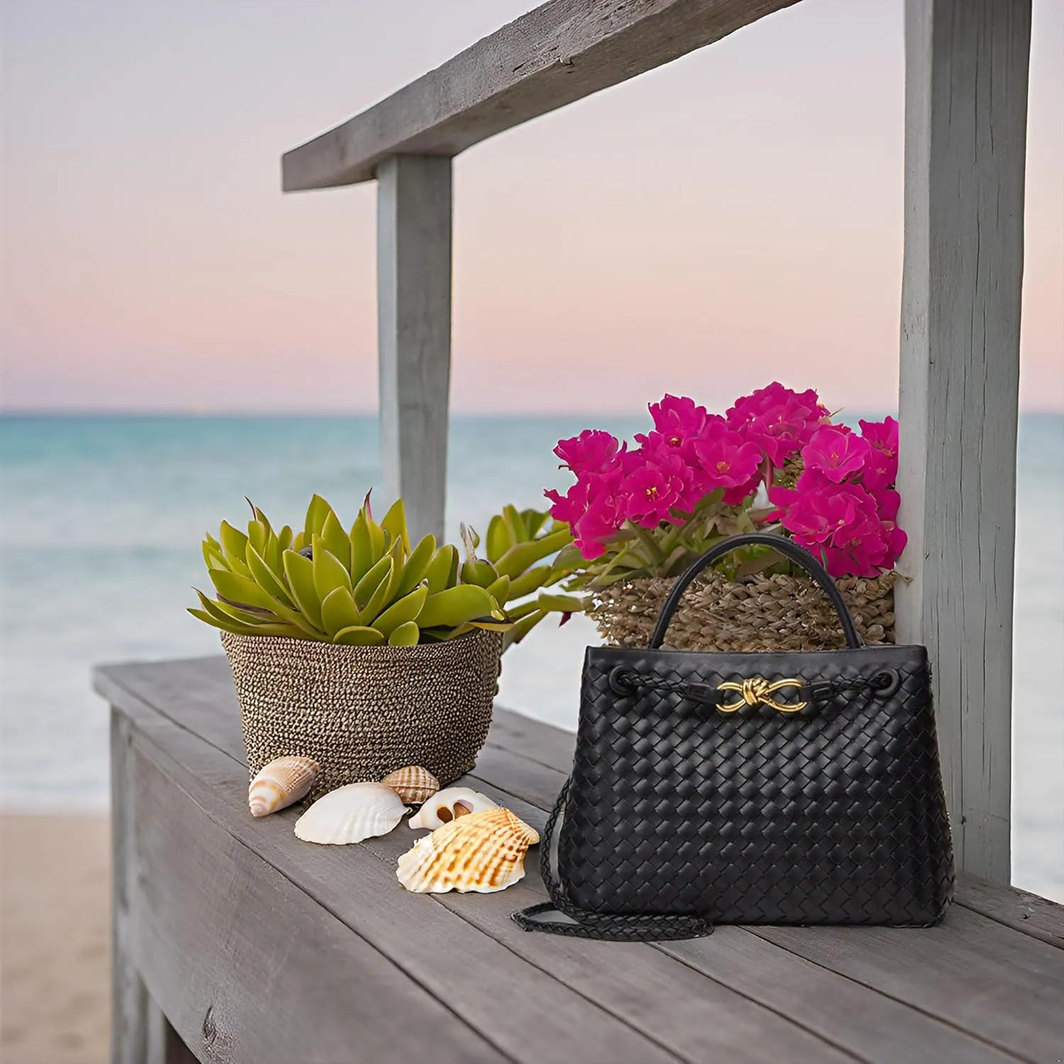 Woven Tote Bag Womens Purse: Vegan Leather Shoulder Handbags - Fashion Summer Beach Tote Bags - Large Travel Totes