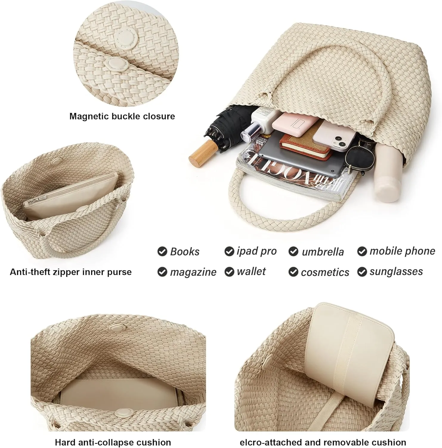 Woven Tote Bag Womens Purse: Vegan Leather Shoulder Handbags - Fashion Summer Beach Tote Bags - Large Travel Totes