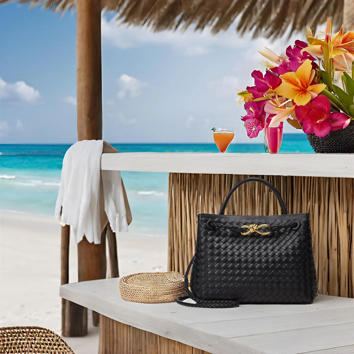 Woven Tote Bag Womens Purse: Vegan Leather Shoulder Handbags - Fashion Summer Beach Tote Bags - Large Travel Totes