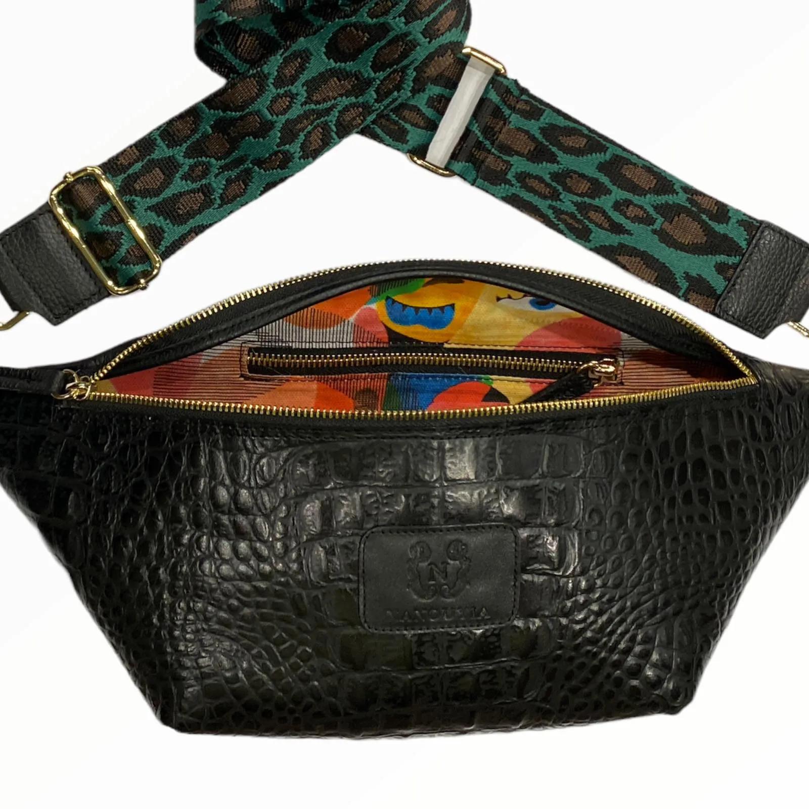 XL BLACK 3D-PRINT LEATHER BAG.GOLD METALS