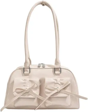Y2k Cute Bows Purse for Women Aesthetic PU Leather Bowknot Bag Coquette Double Zip Top Handle Dome Satchel Bag