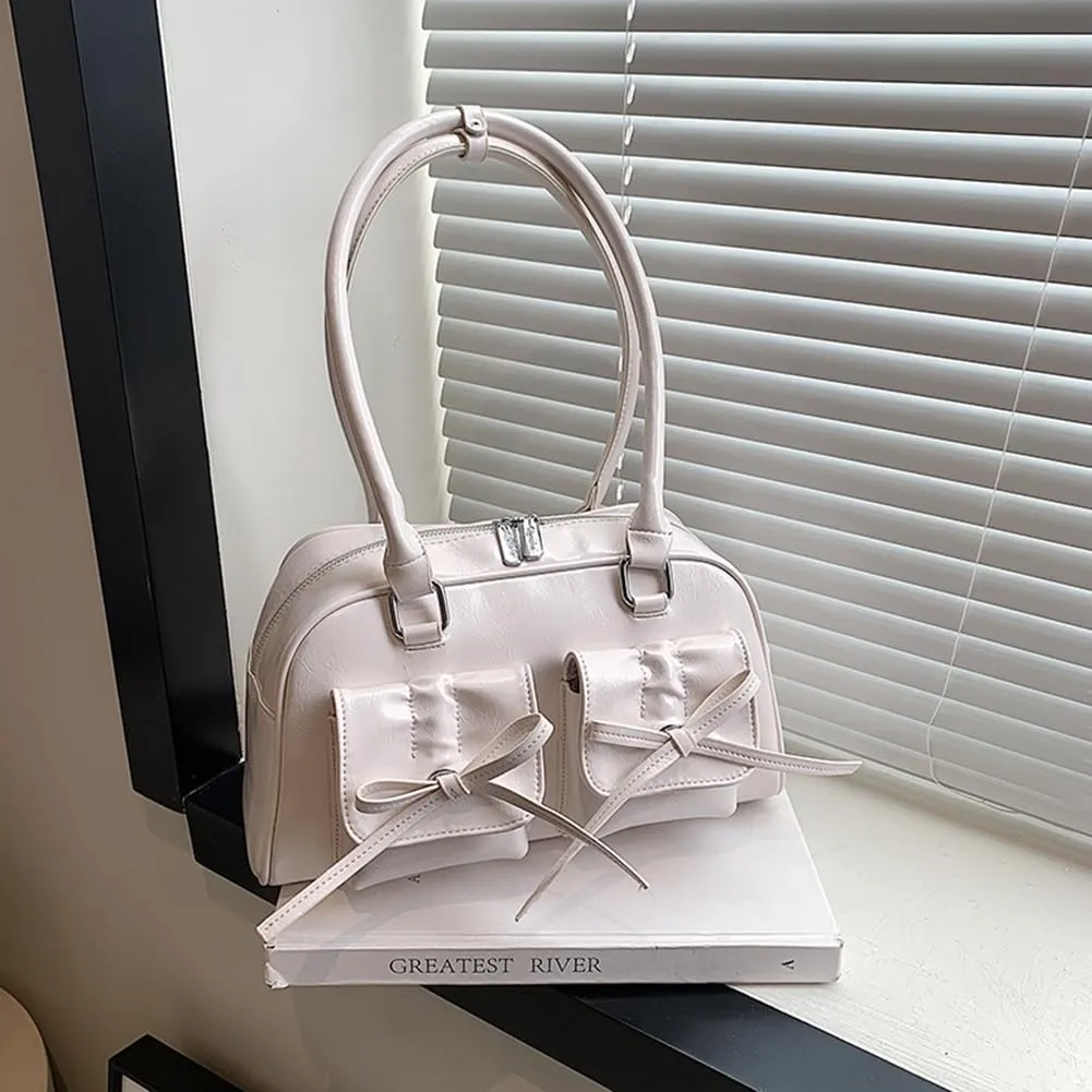 Y2k Cute Bows Purse for Women Aesthetic PU Leather Bowknot Bag Coquette Double Zip Top Handle Dome Satchel Bag