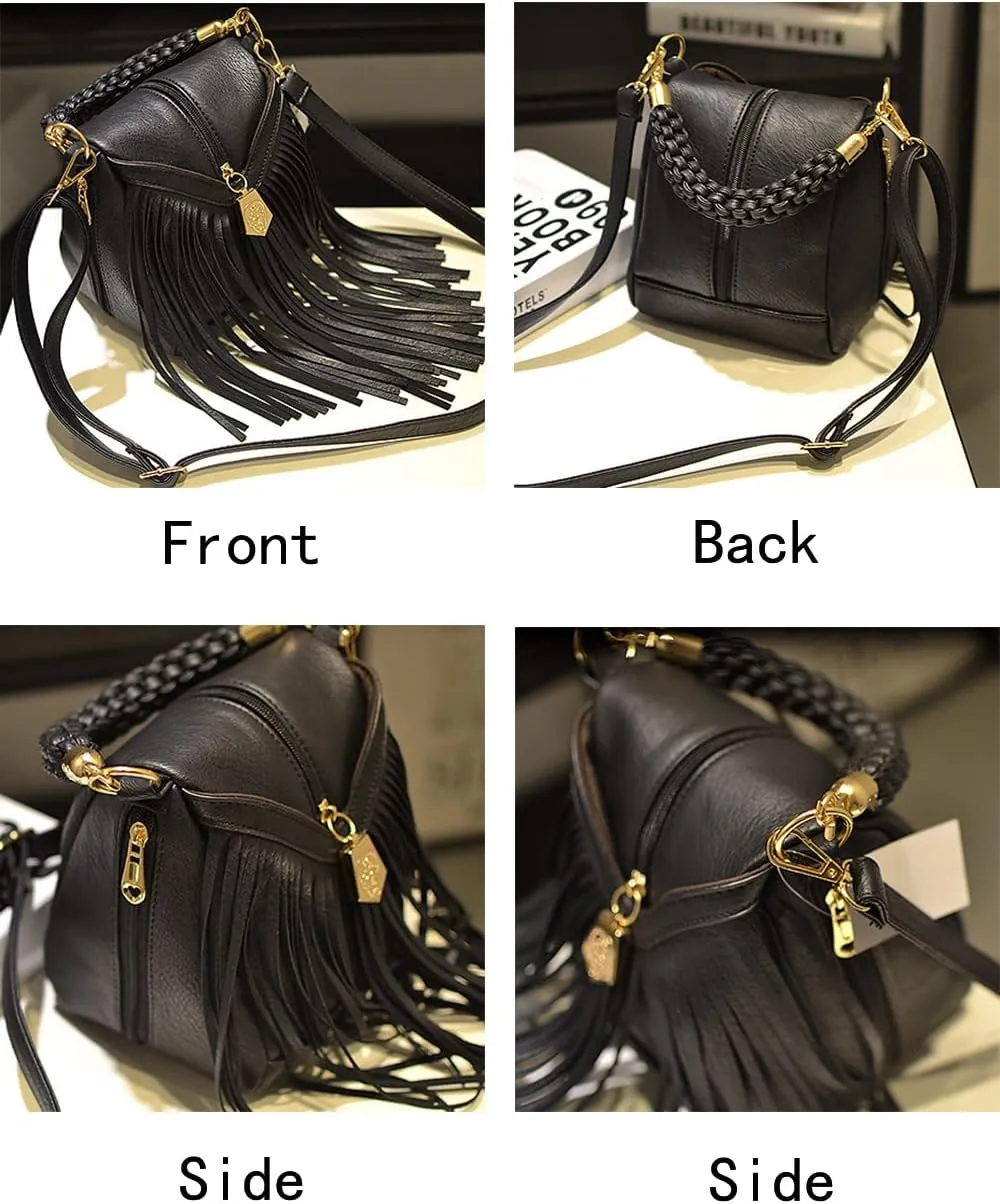 YAQUNICER Women Vintage Tassel Crossbody Bag Weave Handbag Small Purse Bucket Bags