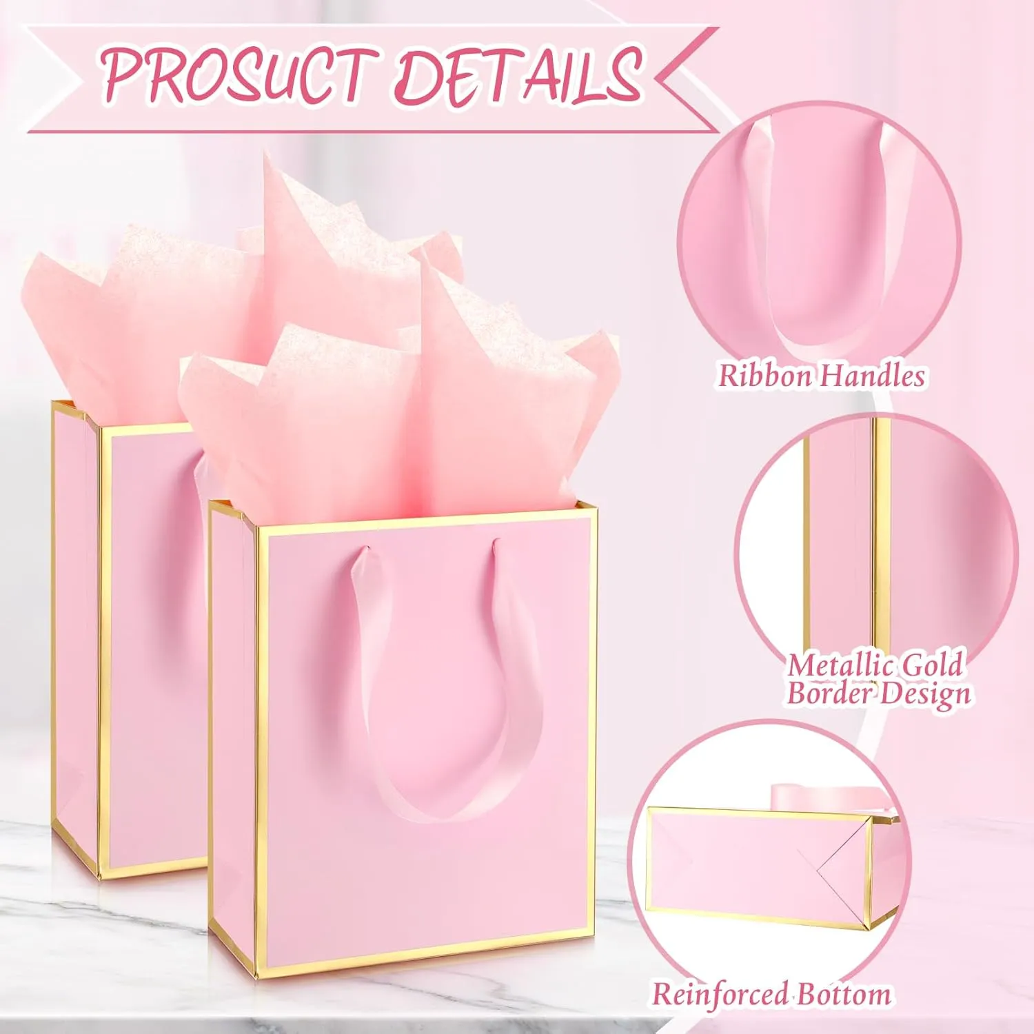 Yeaqee 24 Pack Metallic Paper Gift Bags with Handle and Tissue 9x7x3.1 Welcome Gift Thank You Bags for Wedding Bridal Shower Groomsmen Holidays Birthday Party(Pink Gold)