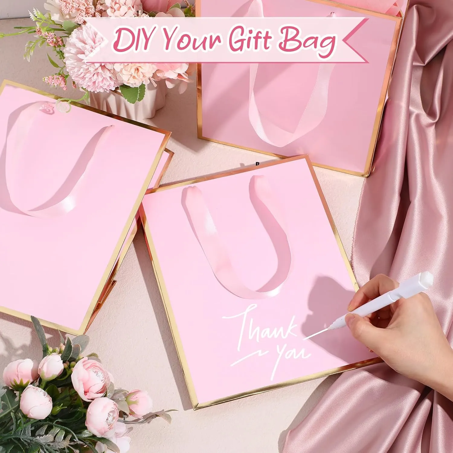 Yeaqee 24 Pack Metallic Paper Gift Bags with Handle and Tissue 9x7x3.1 Welcome Gift Thank You Bags for Wedding Bridal Shower Groomsmen Holidays Birthday Party(Pink Gold)
