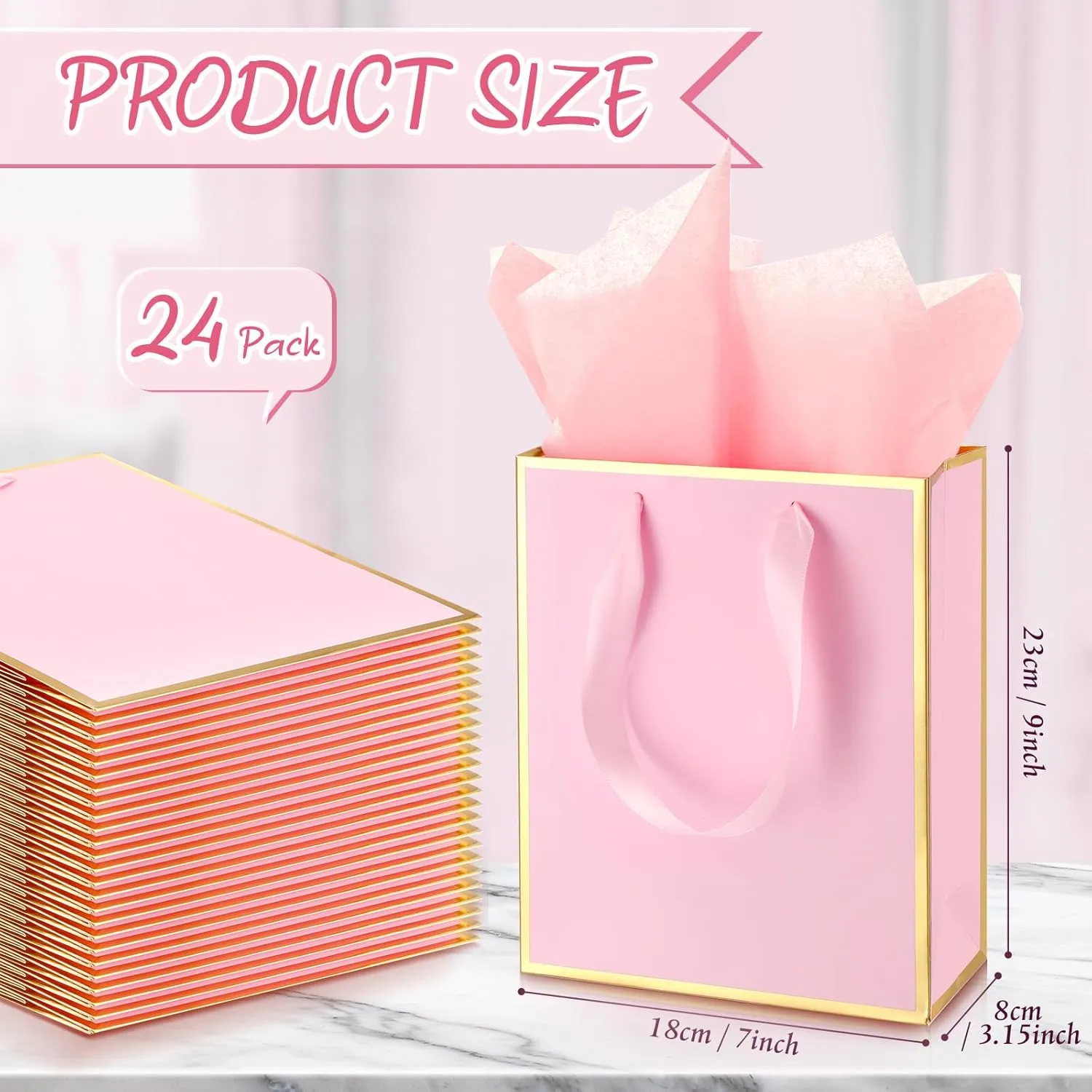 Yeaqee 24 Pack Metallic Paper Gift Bags with Handle and Tissue 9x7x3.1 Welcome Gift Thank You Bags for Wedding Bridal Shower Groomsmen Holidays Birthday Party(Pink Gold)