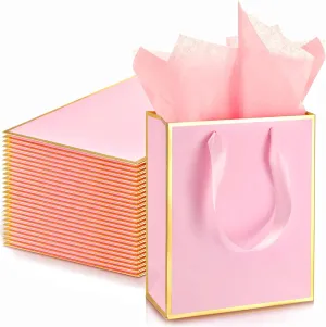 Yeaqee 24 Pack Metallic Paper Gift Bags with Handle and Tissue 9x7x3.1 Welcome Gift Thank You Bags for Wedding Bridal Shower Groomsmen Holidays Birthday Party(Pink Gold)