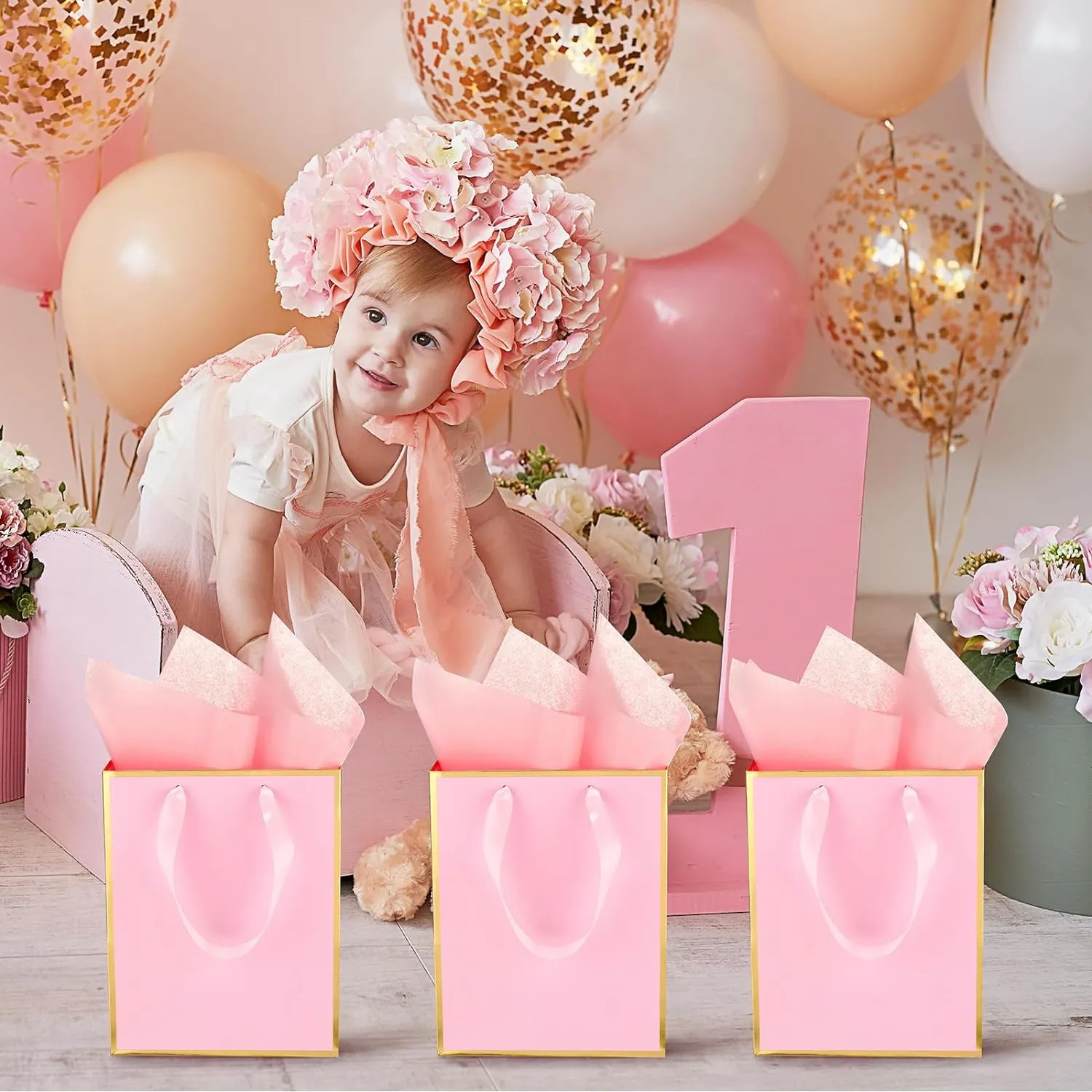 Yeaqee 24 Pack Metallic Paper Gift Bags with Handle and Tissue 9x7x3.1 Welcome Gift Thank You Bags for Wedding Bridal Shower Groomsmen Holidays Birthday Party(Pink Gold)