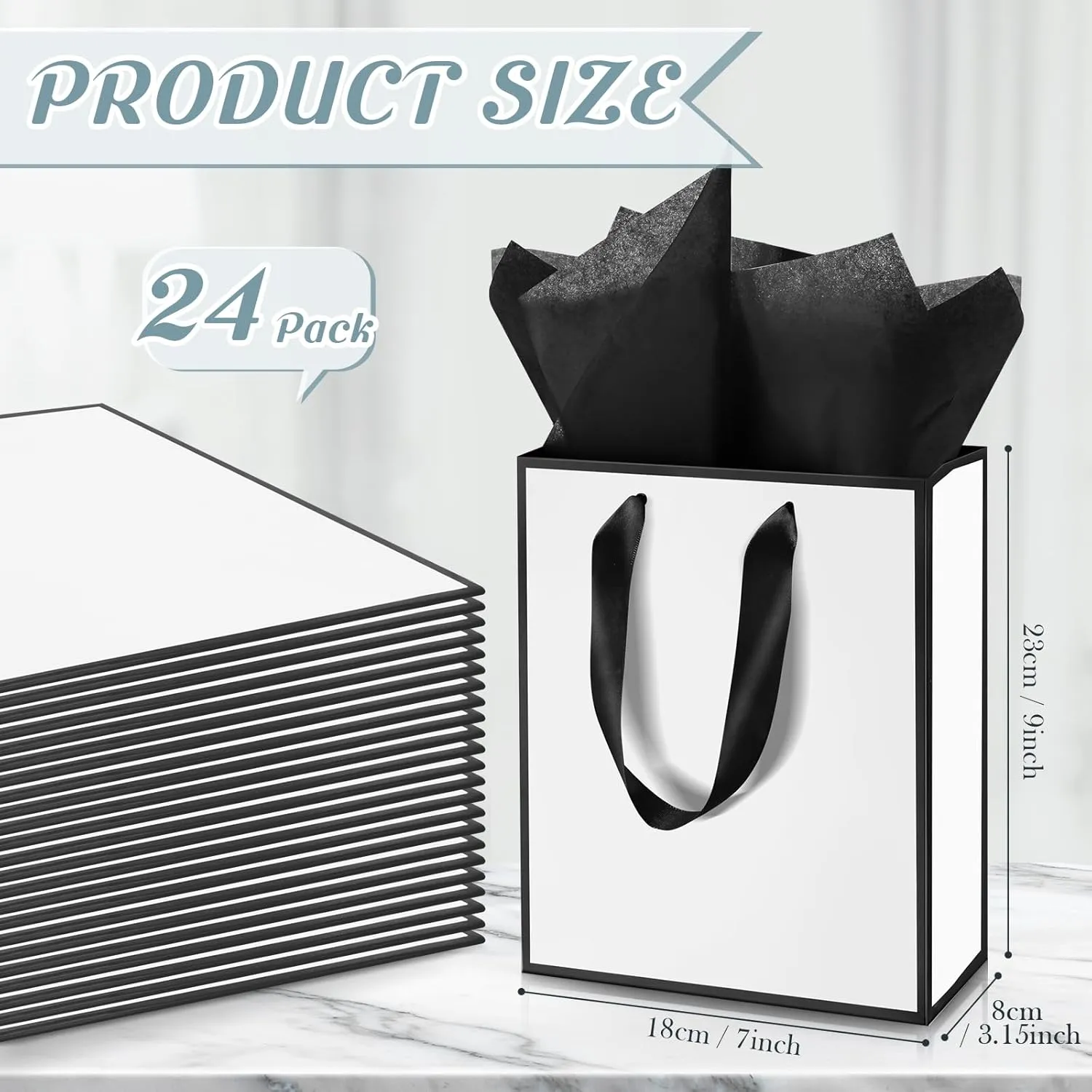 Yeaqee 24 Pack Metallic Paper Gift Bags with Handle and Tissue 9x7x3.1 Welcome Gift Thank You Bags for Wedding Bridal Shower Groomsmen Holidays Birthday Party(White Black)