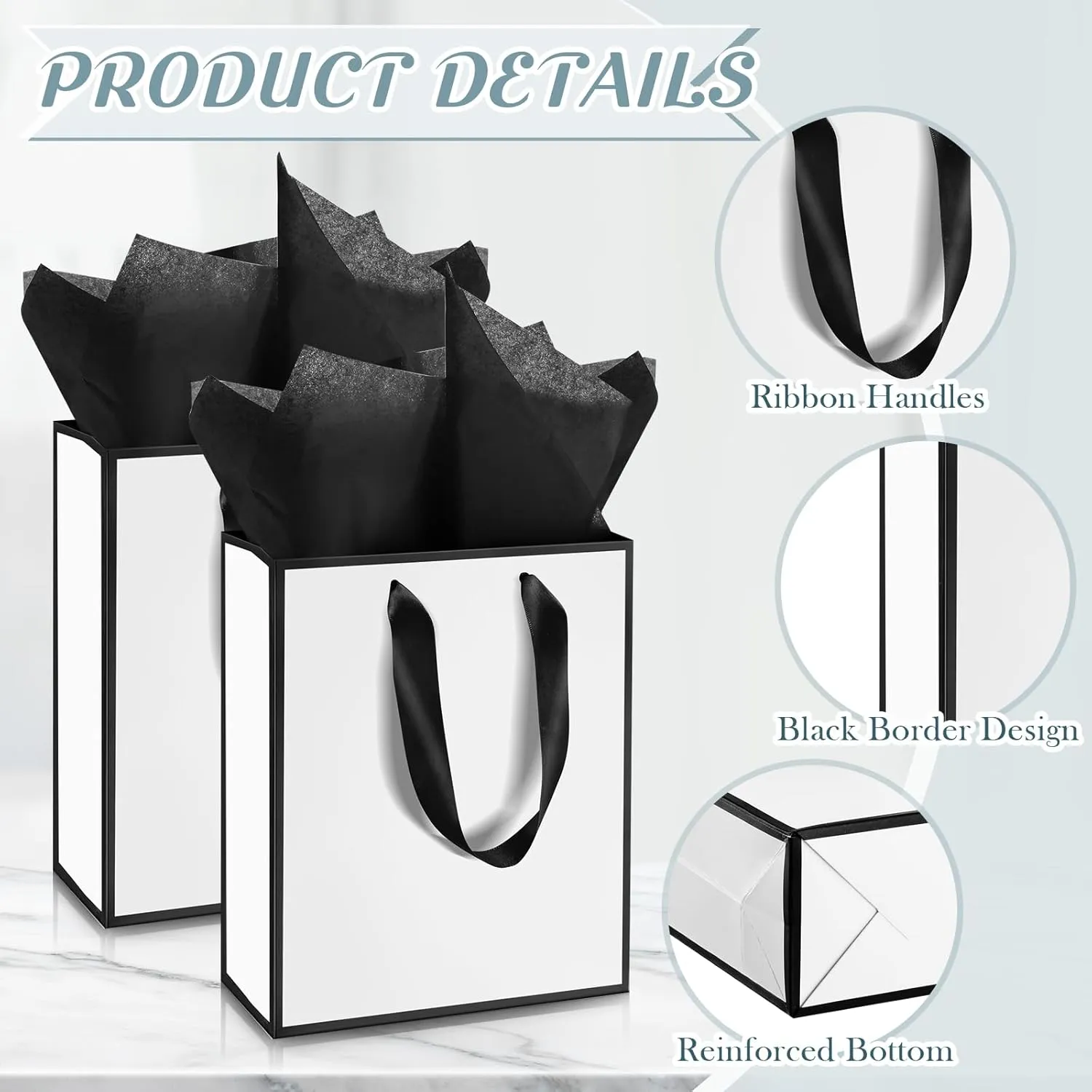 Yeaqee 24 Pack Metallic Paper Gift Bags with Handle and Tissue 9x7x3.1 Welcome Gift Thank You Bags for Wedding Bridal Shower Groomsmen Holidays Birthday Party(White Black)