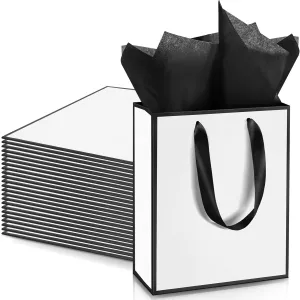 Yeaqee 24 Pack Metallic Paper Gift Bags with Handle and Tissue 9x7x3.1 Welcome Gift Thank You Bags for Wedding Bridal Shower Groomsmen Holidays Birthday Party(White Black)