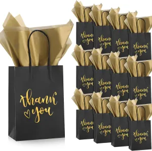 Yeaqee 50 Pcs Thank You Gift Bags with 50 Gold Wrapping Tissue Paper 5.9 x 8.3 x 3.1 Inch Black Paper Bags with Handles Wedding Favor Bags Gift Wrap Bags for Business Shopping Birthday