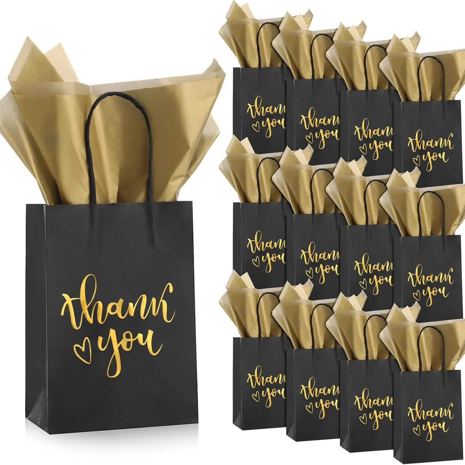 Yeaqee 50 Pcs Thank You Gift Bags with 50 Gold Wrapping Tissue Paper 5.9 x 8.3 x 3.1 Inch Black Paper Bags with Handles Wedding Favor Bags Gift Wrap Bags for Business Shopping Birthday