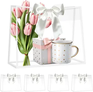 YumiTrek 15Pcs Clear Gift Bags with Handles, Large PVC Transparent Bags with Ribbon 12 x 10 x 5 in, Party Favor Bag Reusable for Wedding Bridal Shower Baby Shower Birthday (White)