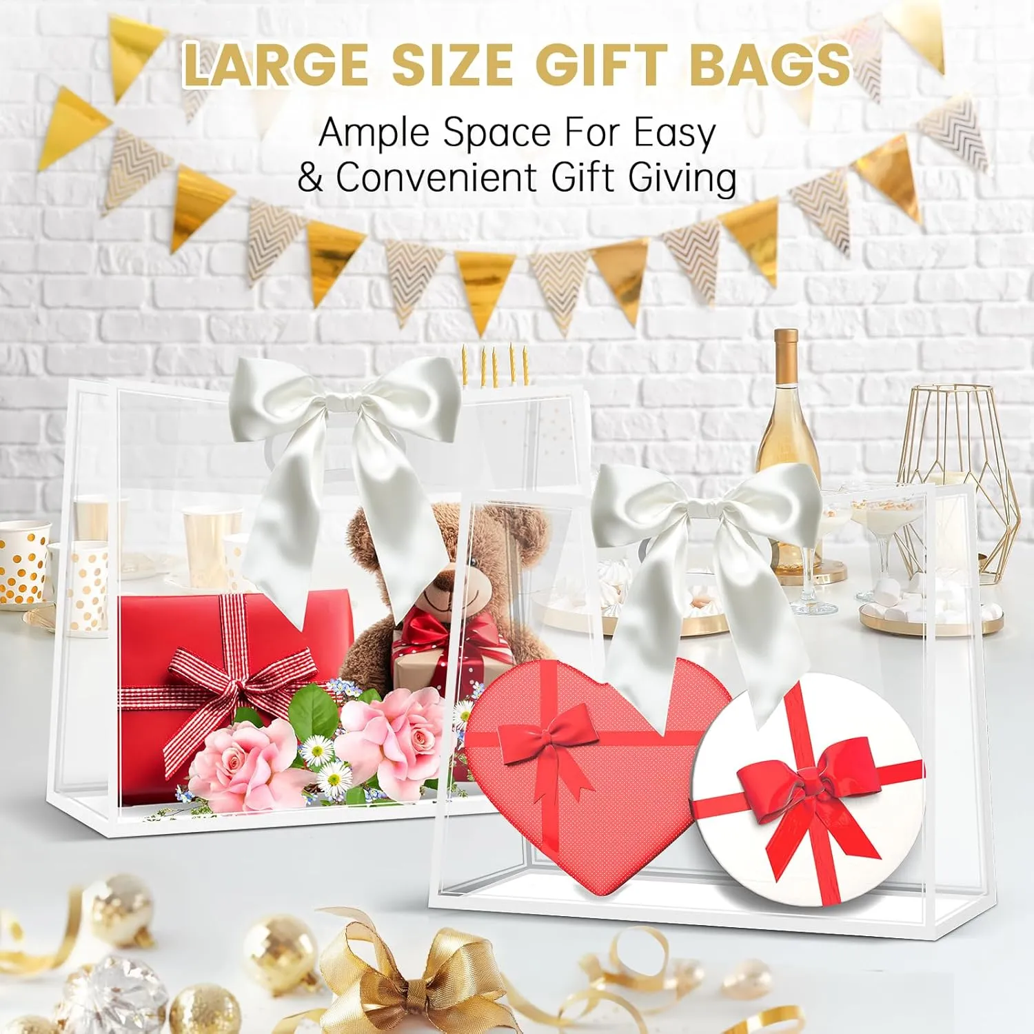 YumiTrek 15Pcs Clear Gift Bags with Handles, Large PVC Transparent Bags with Ribbon 12 x 10 x 5 in, Party Favor Bag Reusable for Wedding Bridal Shower Baby Shower Birthday (White)