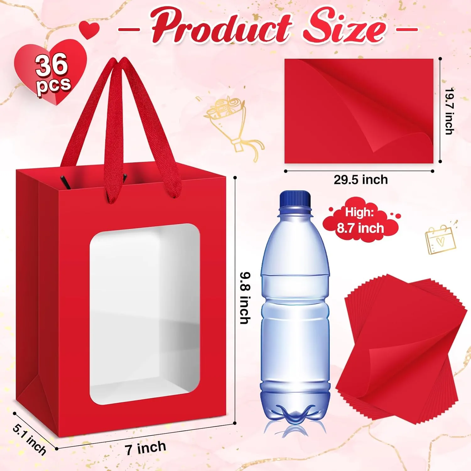 Zhanmai 36 Pcs Kraft Clear Gift Bags with Tissue Paper, Paper Gift Bags with Transparent Window with Handles for Business, Shopping, Wedding, Baby Shower, Party Favors (Wine Red)