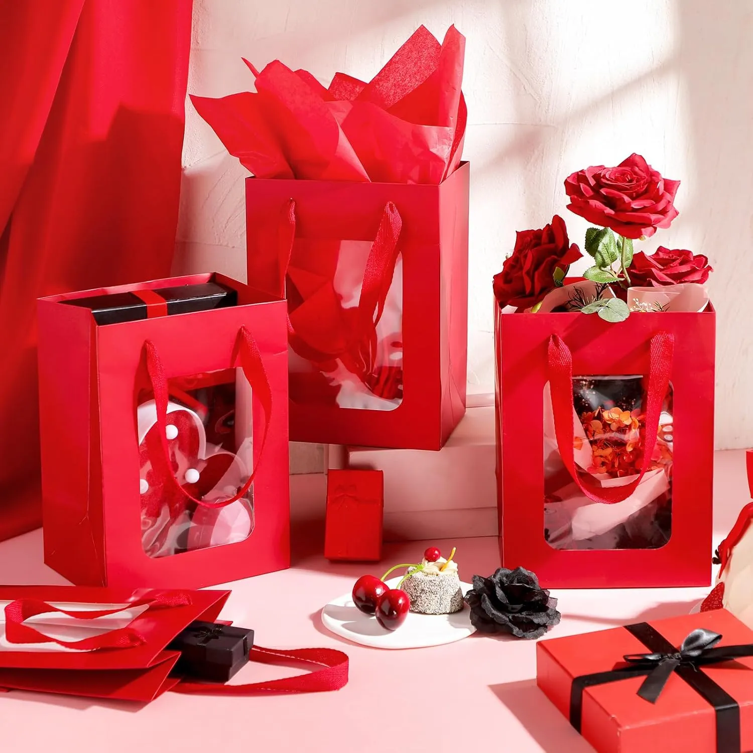 Zhanmai 36 Pcs Kraft Clear Gift Bags with Tissue Paper, Paper Gift Bags with Transparent Window with Handles for Business, Shopping, Wedding, Baby Shower, Party Favors (Wine Red)