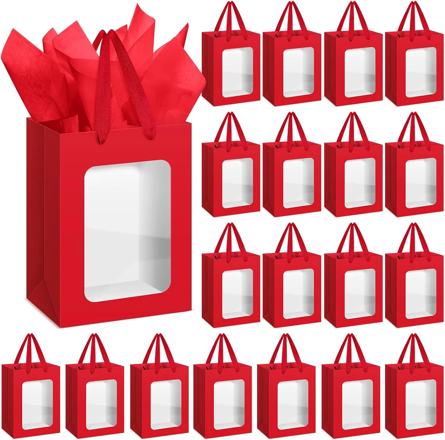Zhanmai 36 Pcs Kraft Clear Gift Bags with Tissue Paper, Paper Gift Bags with Transparent Window with Handles for Business, Shopping, Wedding, Baby Shower, Party Favors (Wine Red)