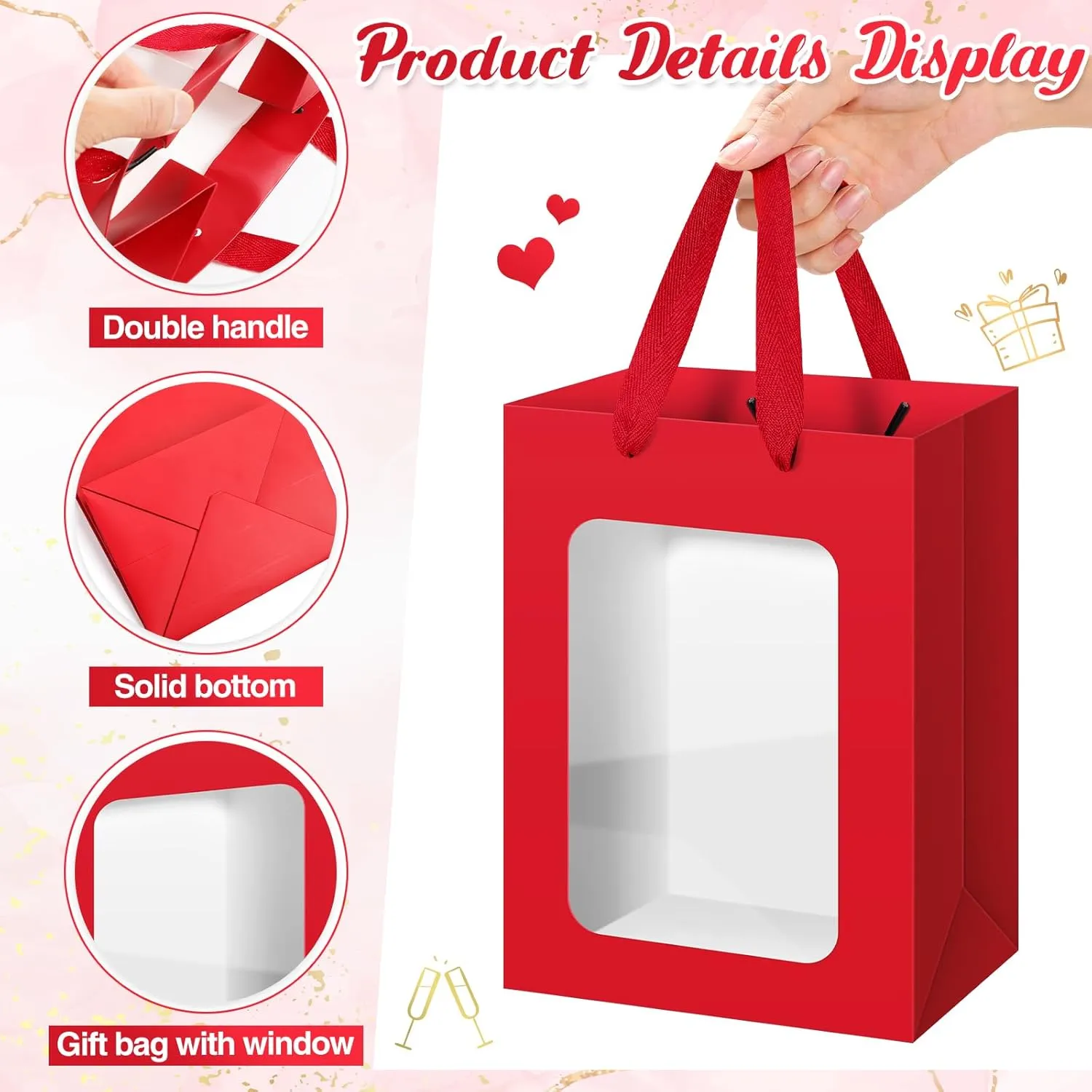 Zhanmai 36 Pcs Kraft Clear Gift Bags with Tissue Paper, Paper Gift Bags with Transparent Window with Handles for Business, Shopping, Wedding, Baby Shower, Party Favors (Wine Red)