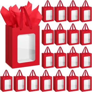 Zhanmai 36 Pcs Kraft Clear Gift Bags with Tissue Paper, Paper Gift Bags with Transparent Window with Handles for Business, Shopping, Wedding, Baby Shower, Party Favors (Wine Red)
