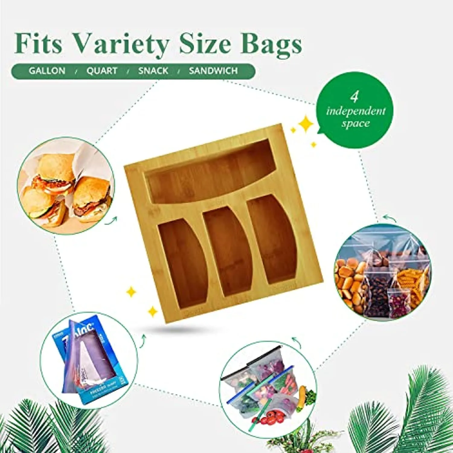 Ziplock Bag Organizer Bamboo Food Bag Storage and Dispenser Drawer Organizer Suitable for Gallon, Quart, Sandwich & Snack Variety Size Bag