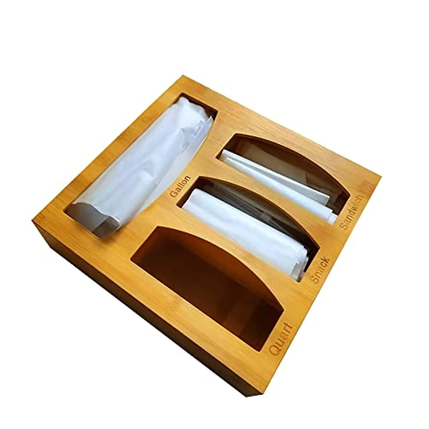 Ziplock Bag Organizer Bamboo Food Bag Storage and Dispenser Drawer Organizer Suitable for Gallon, Quart, Sandwich & Snack Variety Size Bag