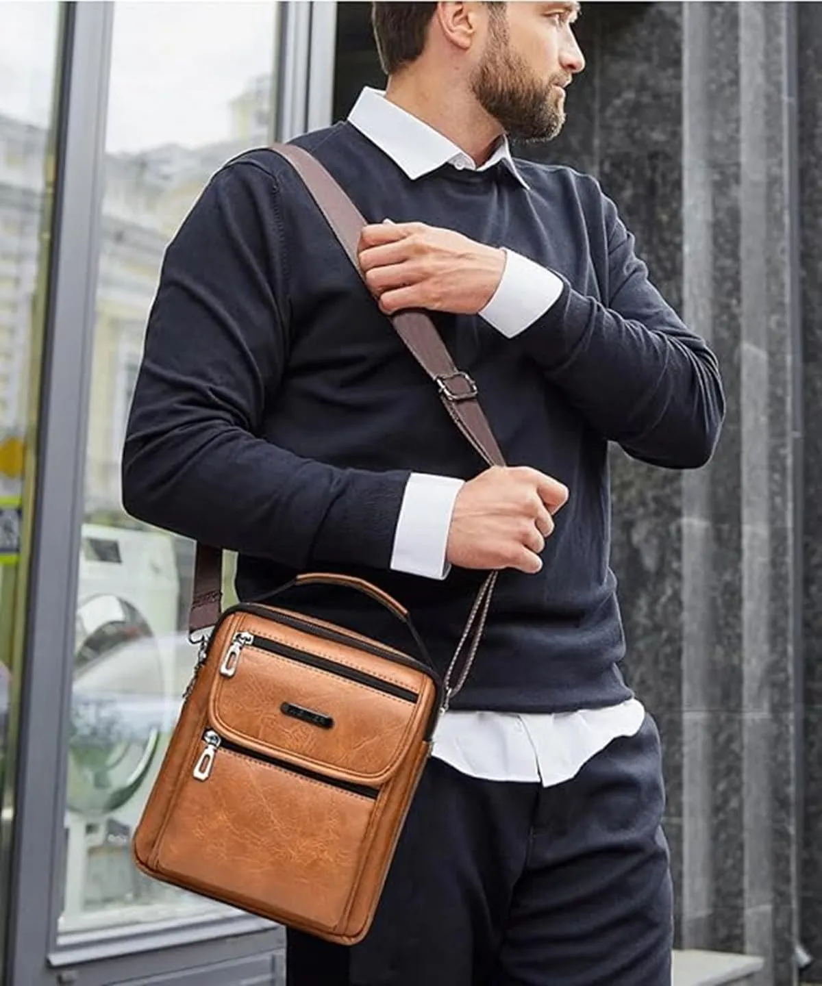 Zipper Buckle Leather Messenger Bag Crossbody Shoulder Bag Vintage Handle Bags