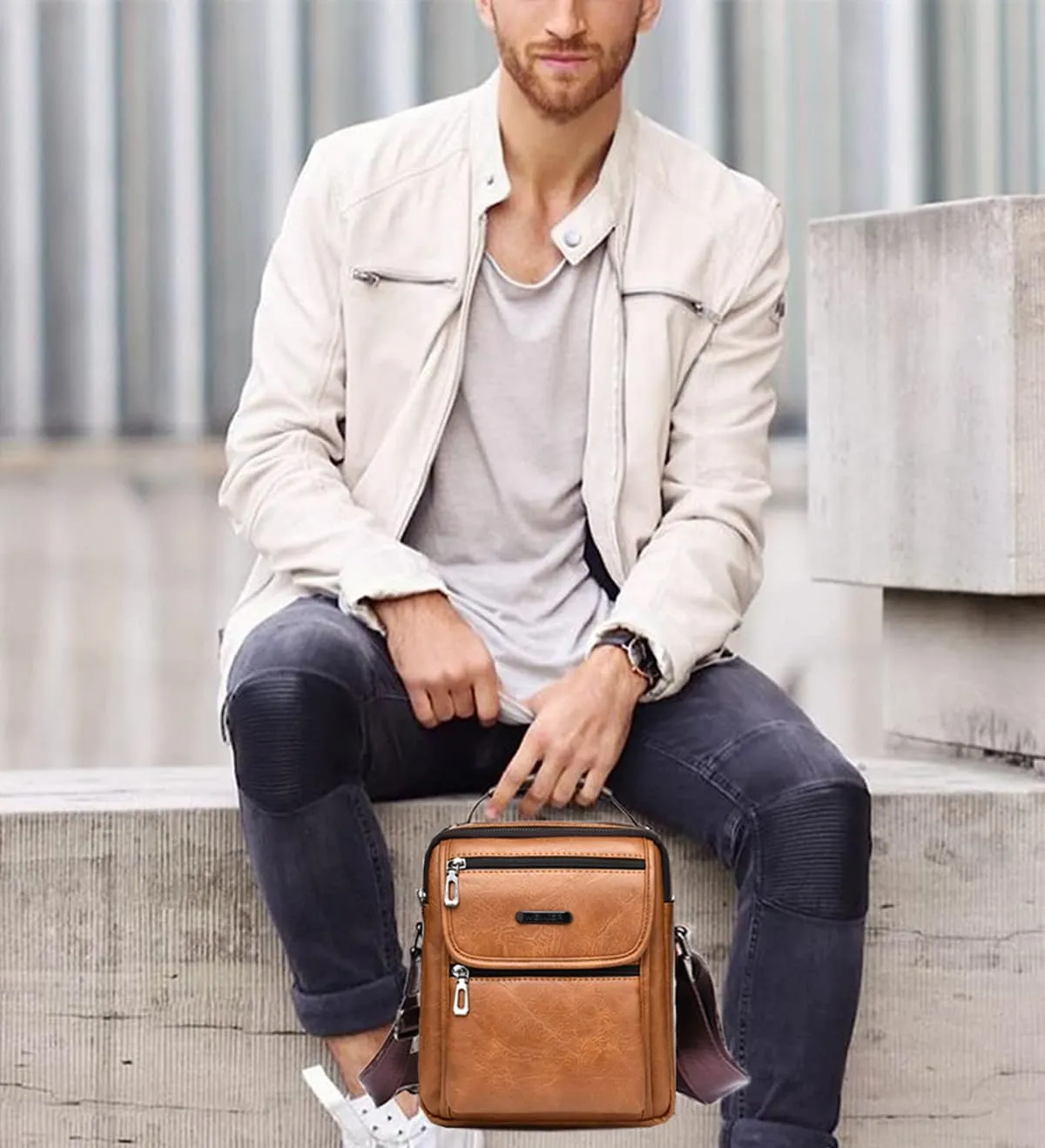 Zipper Buckle Leather Messenger Bag Crossbody Shoulder Bag Vintage Handle Bags