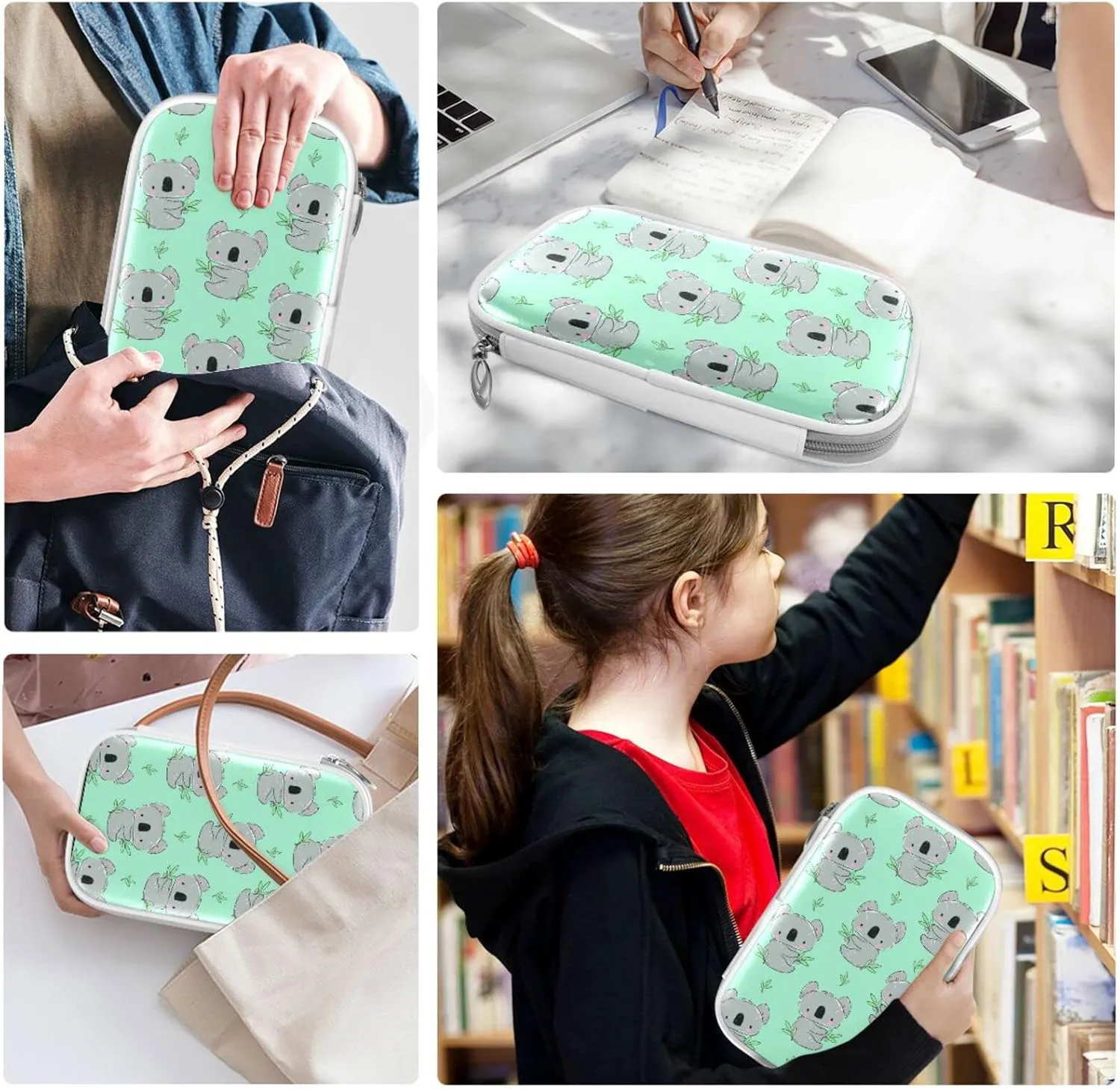 ZZKKO Cute Koala Green Leaves Pencil Bag Case Zipper Pencil Holder Organizer Stationary Pen Bag Cosmetic Makeup Bag Pouch Purse for School Office Supplies