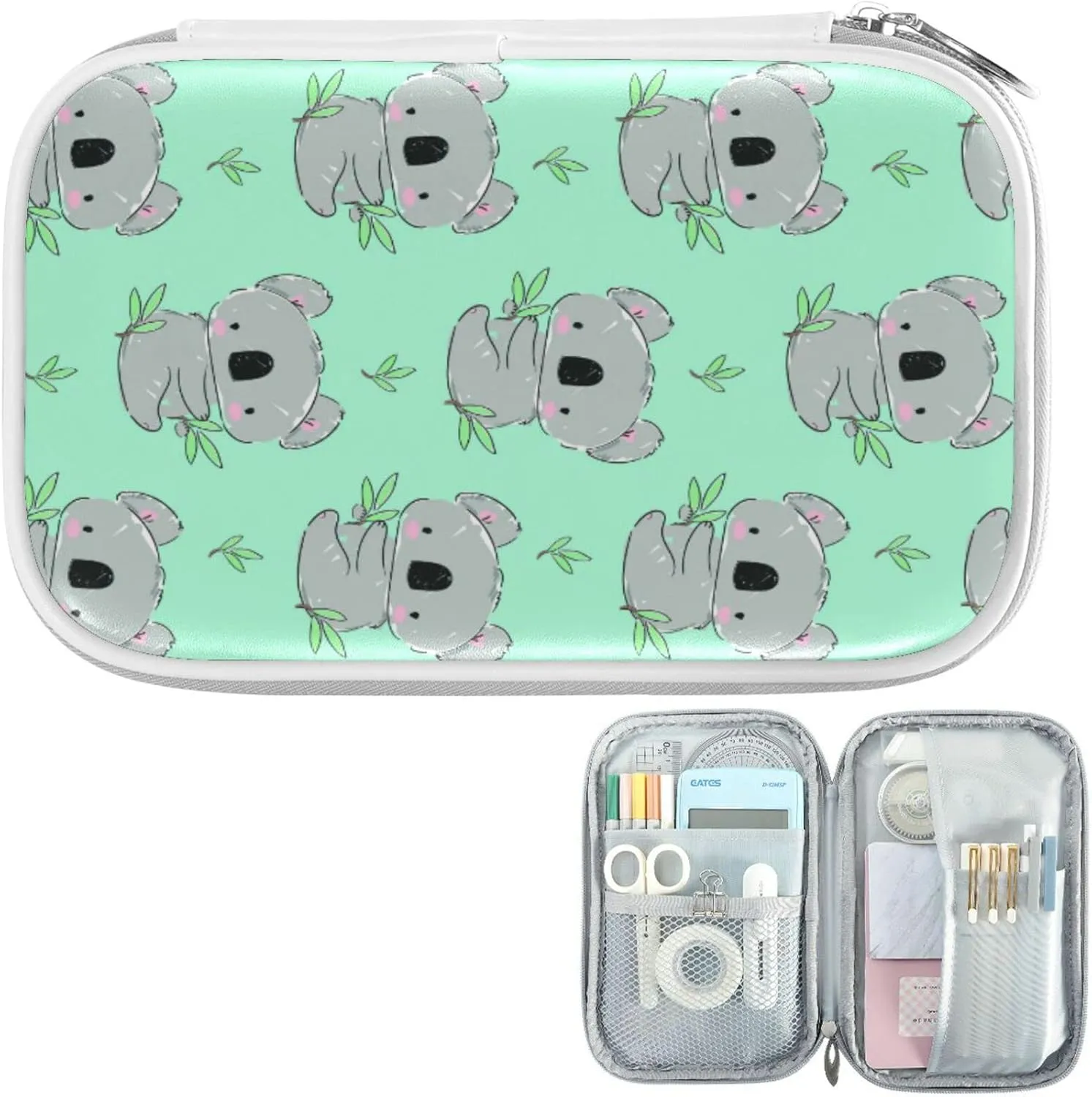 ZZKKO Cute Koala Green Leaves Pencil Bag Case Zipper Pencil Holder Organizer Stationary Pen Bag Cosmetic Makeup Bag Pouch Purse for School Office Supplies