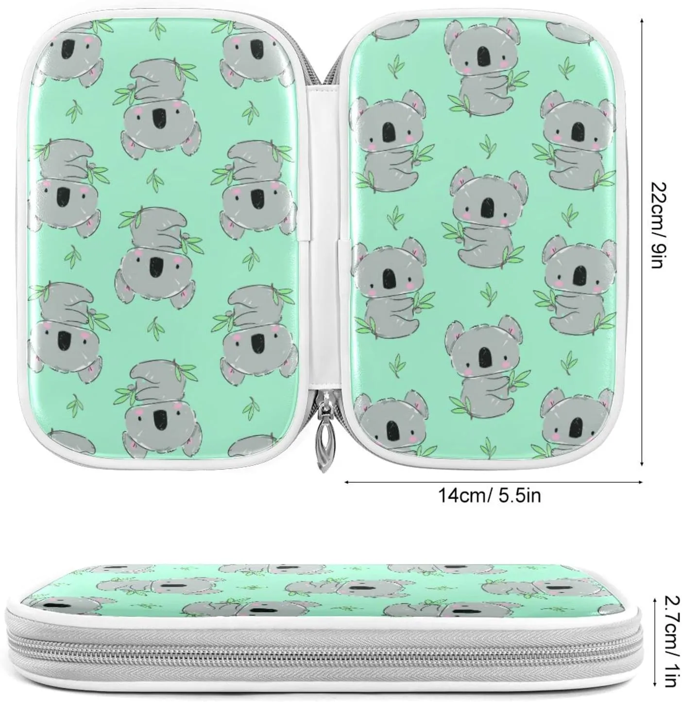 ZZKKO Cute Koala Green Leaves Pencil Bag Case Zipper Pencil Holder Organizer Stationary Pen Bag Cosmetic Makeup Bag Pouch Purse for School Office Supplies