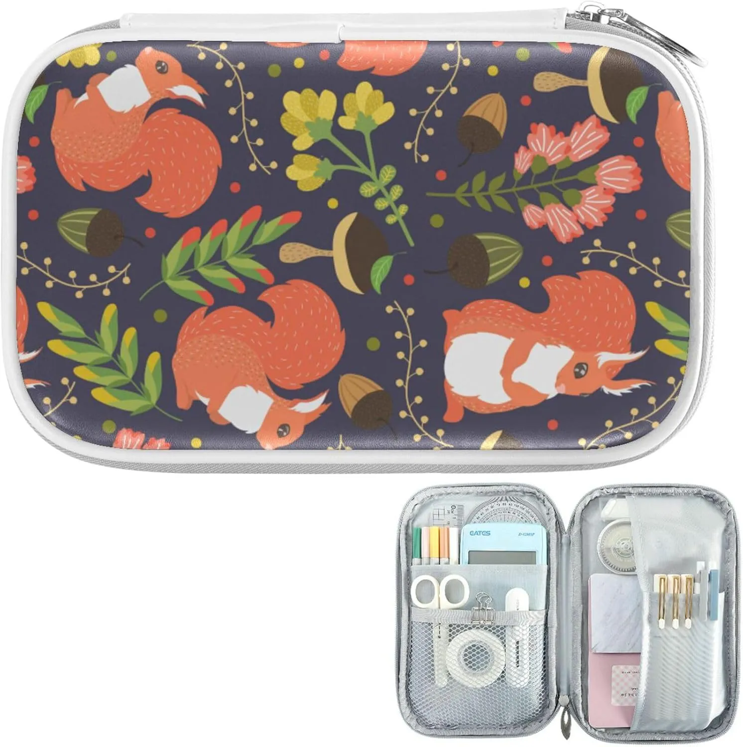 ZZKKO Cute Squirrels Purple Marble Pencil Case Zipper Pencil Holder Organizer Stationary Pen Bag Cosmetic Makeup Bag Pouch Purse for School Office Supplies